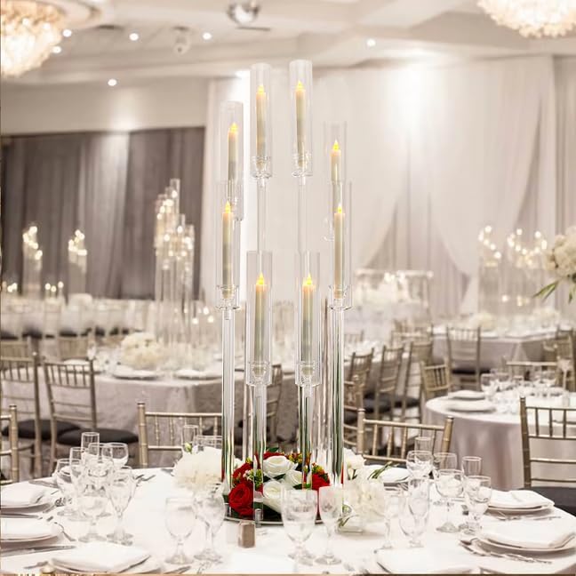 10Sets 8 Arm Acrylic Candelabra Candle Holder for Wedding,38.5 inches Tall Clear Candlestick Holders with Shade for Tables Party Event Dinner Decoration (Fit 0.8" Led Candles)