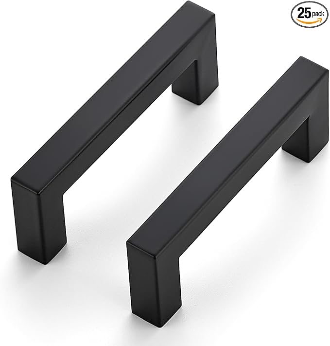 JOY DECOR 25 Pack Cabinet Handles, Black Cabinet Pulls, 3 Inch Kitchen Closet Handles Square Drawer Pulls Stainless Steel Drawer Hardware, 76mm Hole Centers