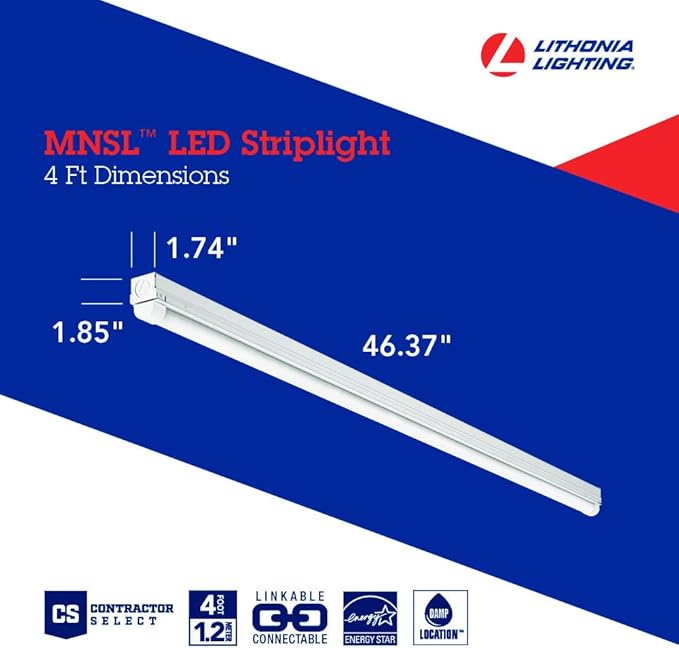 Lithonia Lighting 1 Light LED Strip Light, 4 Foot LED Ceiling Lighting Fixture, 2500 Lumens, 4000K, 80CRI, 20W, Kitchen and Garage Use (MNSL L46 1LL 120V 40K 80CRI M6)