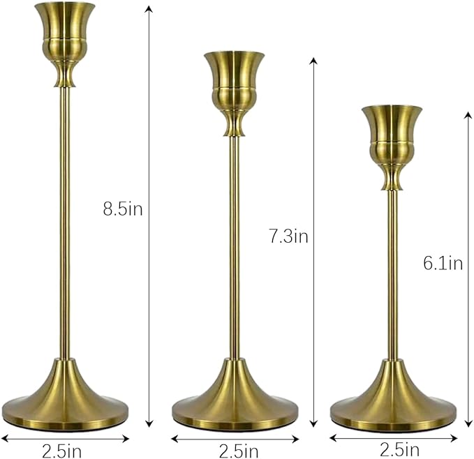 Candlestick Holders, Taper Candle Holders Set of 3, Vintage Candle Holder Decor for Table Centerpiece, Fireplace Mantel, Weddings & Housewarming (Brass Gold, 3 pcs)