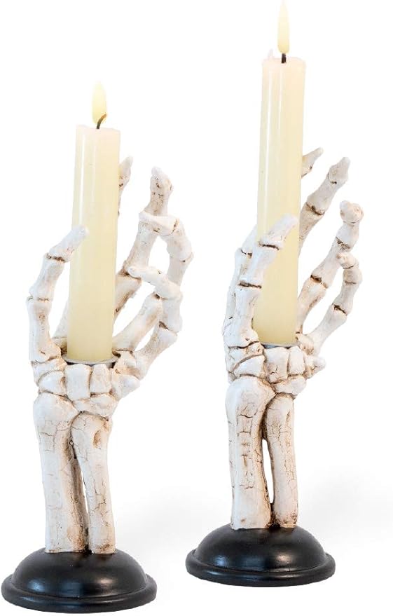 Boston International Halloween Taper Candle Holders, Set of 2, 3 x 8-Inches, Skeleton Hands