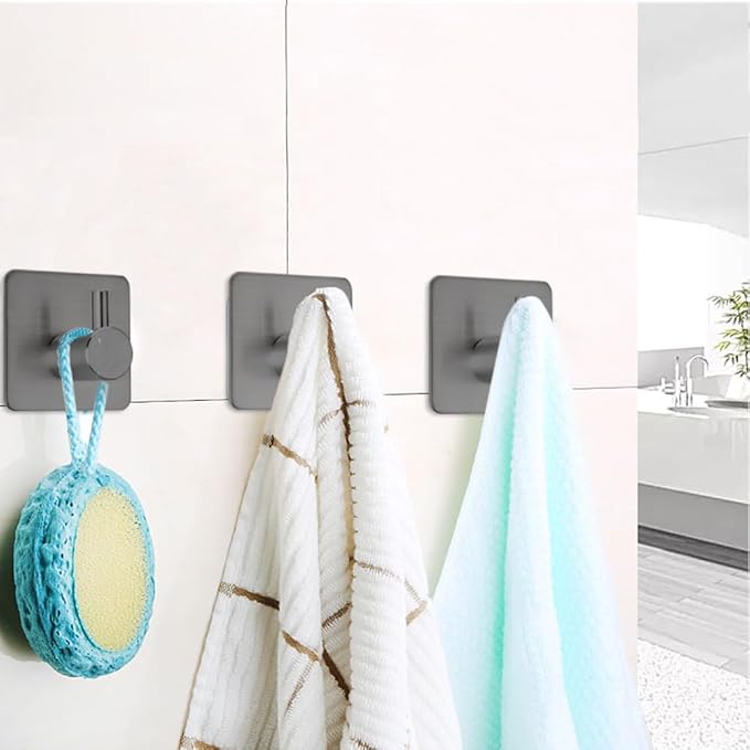 Adhesive Hooks Towel Hanger Wall Hooks for Hanging Coat, Hat,Towel Robe Hook Rack Wall Mount Waterproof Stainless Steel- Bathroom and Bedroom Gray 4-Packs