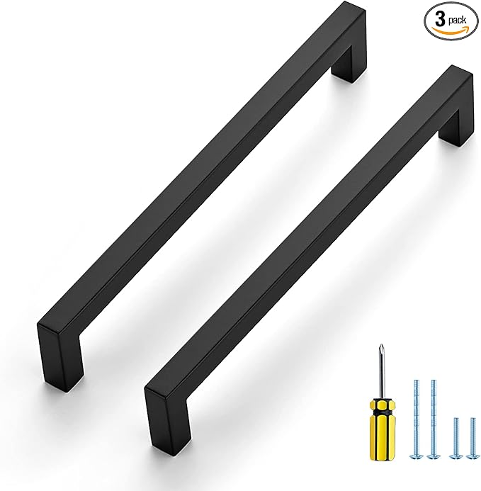 Ravinte 3 Pack Black Cabinet Pulls 8 Inch Square Kitchen Cabinet Handles Matte Black Kitchen Hardware for Drawer Pulls Drawer Handles Come with Screwdriver