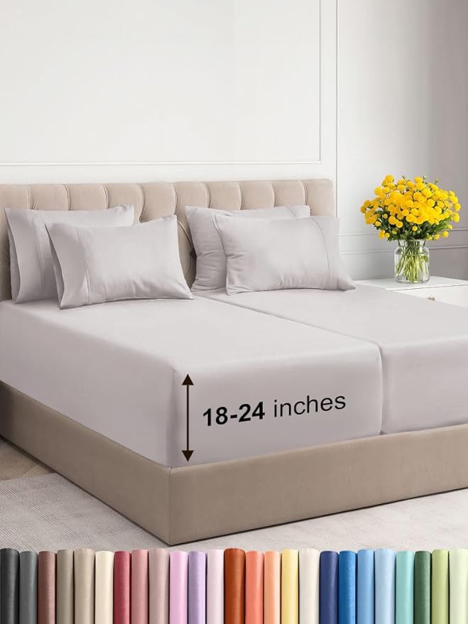 Extra Deep Split King Sheet Set - 7 Piece Breathable & Cooling Sheets - Hotel Luxury Bed Sheets Set - Easy Fit - Soft, Wrinkle Free & Comfy Sheets Set - Light Grey Sheet Set with Extra Deep Pockets