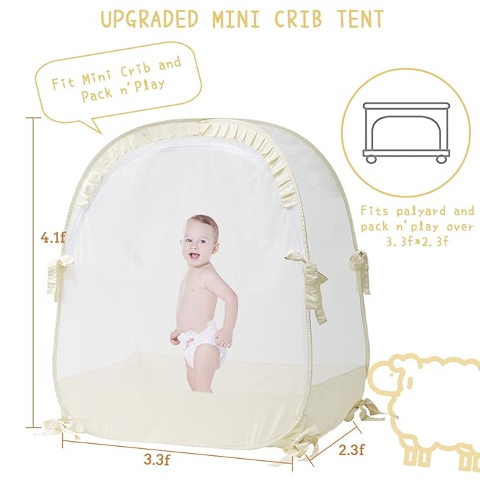 Pack N Play Tent, Baby Crib Tent to Keep Baby from Climbing Out, Pop Up Crib Net for Pack and Plays, Mini Cribs & Play Yards, See-Through & Breathable Mesh Crib Canopy, Beige, R07s-beige