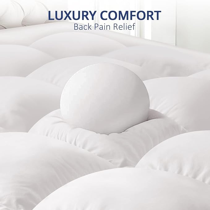 ELEMUSE 1300 GSM Mattress Topper Queen with Baffle Box Design,Extra Thick Cooling Pillow Top Pad, 400TC Cotton Cover, Plush & Support Snow Down Alternative, White