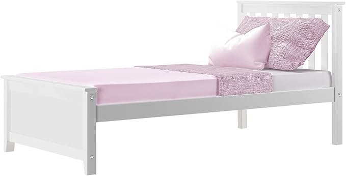 Max & Lily Twin Bed Frame with Slatted Headboard, Solid Wood Platform Bed for Kids, No Box Spring Needed, Easy Assembly, White