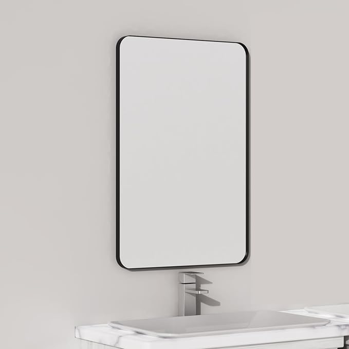 VocalStar Black Metal Framed Bathroom Mirror for Wall, 16 x 24 Inch Rounded Rectangle Matte Black Bathroom Vanity Mirror Farmhouse, 1/4-inch Shatterproof Glass | Ultra-Flush Hanging