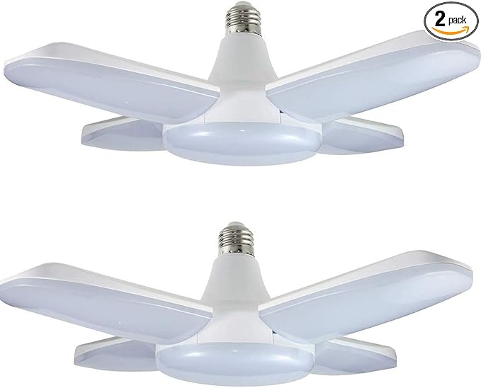 (2 Pack) LED Garage Lights, 60W Trilights Ceiling, High Low Bay Deformable Adjustable 4 Led Light Bulbs 6000LM 6000K, Screw in Tribright Garage Lighting Fixture,CRI80 Daylight