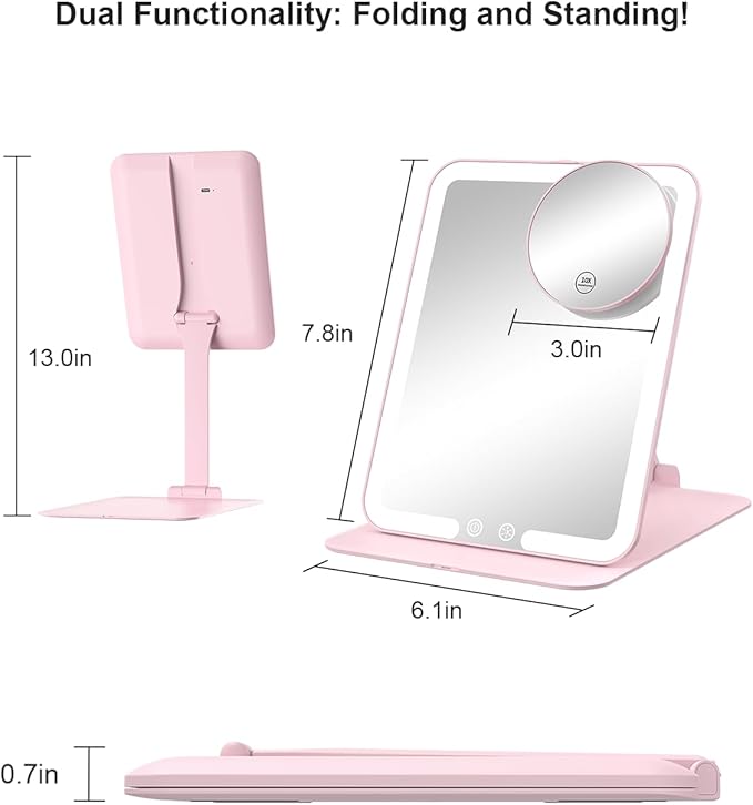 Gospire Travel Makeup Mirror with Lights and Magnification 10X, Portable Make Up Compact Tabletop Mirror with Adjustable Stand, 3 Colored Lights Rechargeable Lighted LED Vanity Mirror - Pink