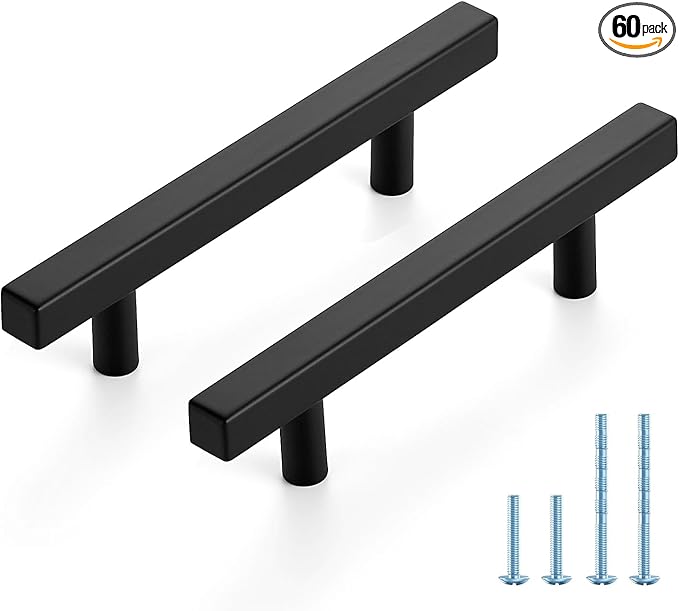 JOY DECOR 60 Pack 3-3/4 Inch Matte Black Square Cabinet Handles Stainless Steel Cabinet Hardware Pulls for Kitchen and Drawers with 6 Inch Overall Length