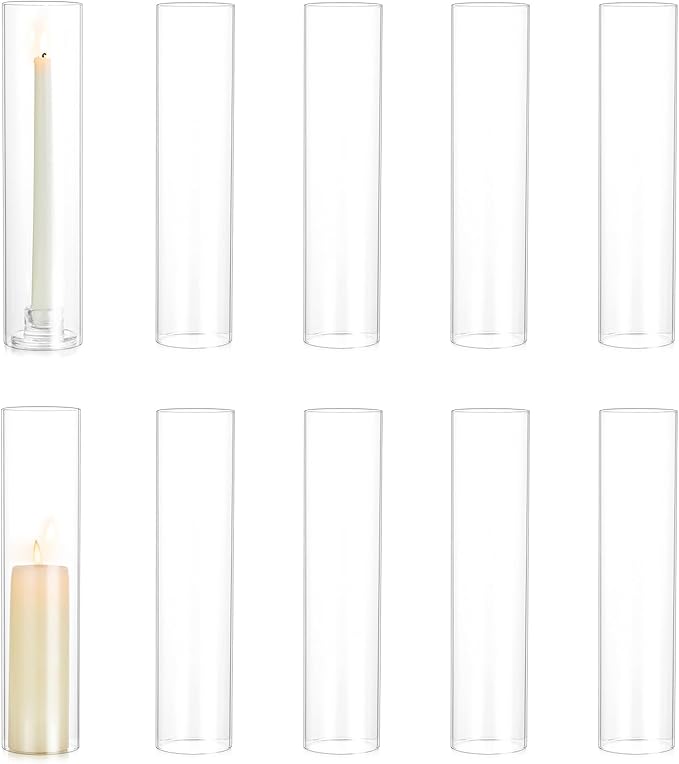 Hewory Hurricane Glass Candle Holders: 10 PCS Clear Open Ended Cylinder Candle Holder Sleeve for Candlestick Holders - Taper Candle Holder Bulk for Wedding Christmas Centerpiece Decor (D 2.5" x H 11")