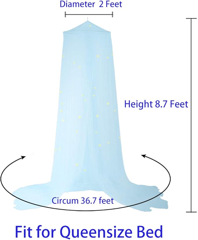 BCBYou Baby Canopy Mosquito Net with Fluorescent Stars, Glow in Dark for Kids, Adults & Full Size Bed (Light Blue)