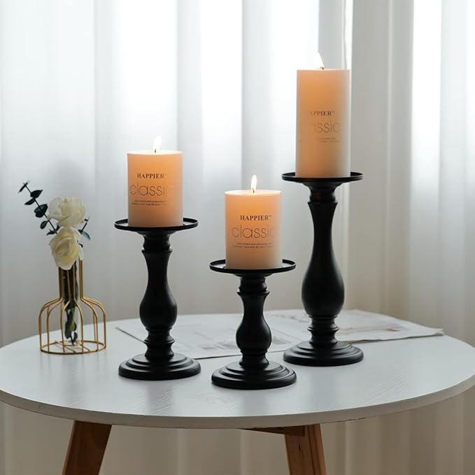 Matte Black Pillar Candle Holders Set of 3-10", 8", 6”H Candlestick Candle Holders Stand, Home Coffee Table Decor Decorations Centerpiece for Dining/Living Room