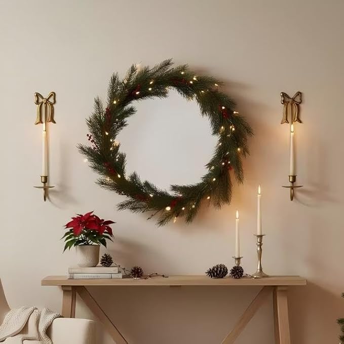Metal Wall Candle Sconce Holders, Set of 2, Gold, Modern Bow Design, Wall Mount Taper Candle Holders for Living Room, Farmhouse, Wedding Decor