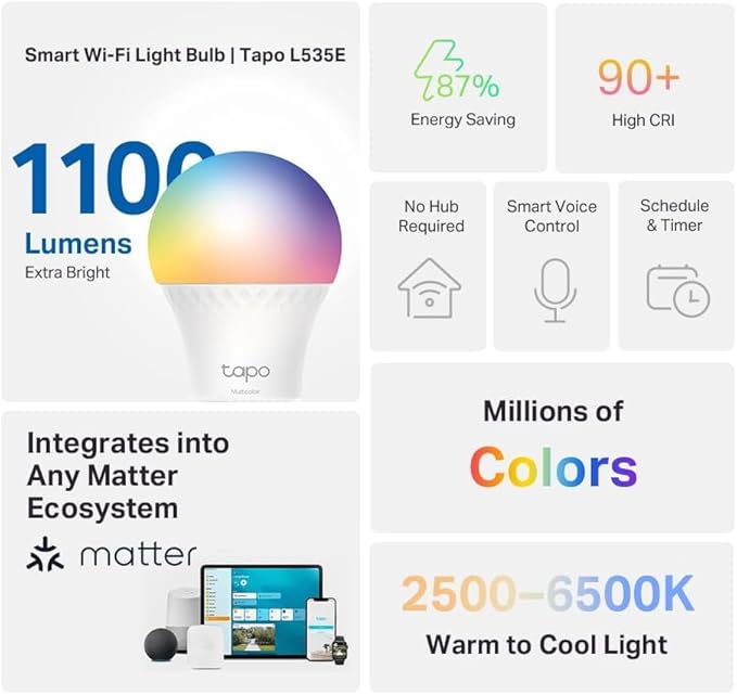 TP-Link Tapo Smart Light Bulbs, 1100 Lumens High Brightness(75W Equivalent), Matter-Certified, 16M Colors RGBW LED Bulb, Dimmable, CRI>90, Voice Control w/Siri, Alexa & Google Home, A19 E26 Tapo L535E