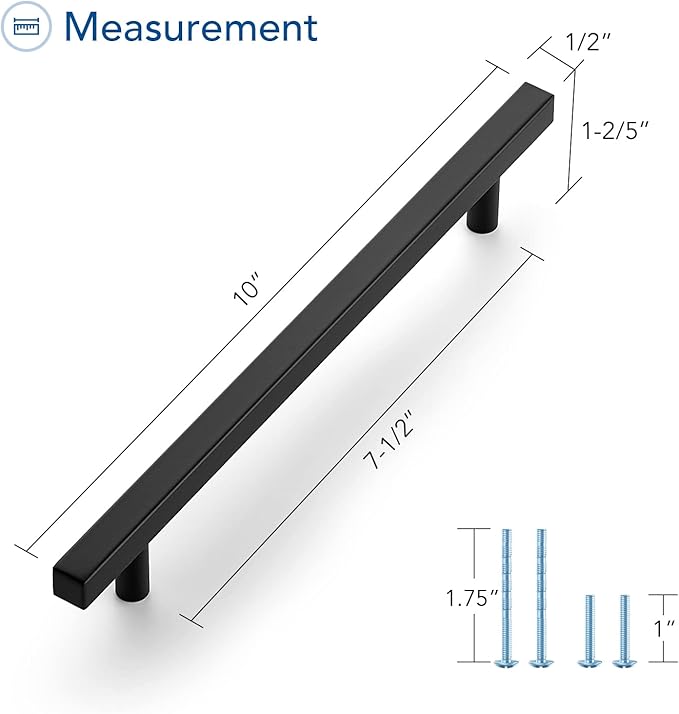 Ravinte Cabinet Handles 25 Pack - 7-1/2 Inch Matte Black Square Pulls, 10 Inch Overall Length - Kitchen Hardware Drawer Pulls