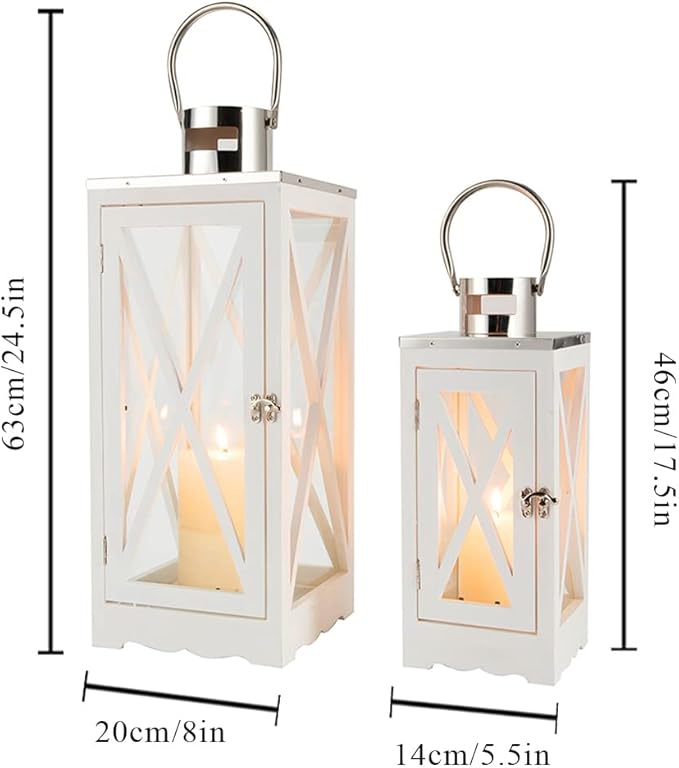 TRIROCKS Set of 2 Farmhouse Wood Lantern 17.5''&24.5'' Metal Decorative Outdoor Lantern with Tempered Glass Rustic Candle Holder for Thanksgiving Christmas Patio Garden Indoor Outdoor(White Rectangle)