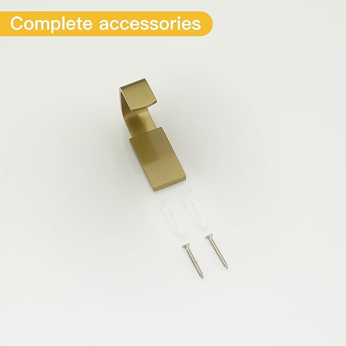 BESy Brass Clothes Hook Single Towel Hook for Bathroom Kitchen Garage Square Style Robe Hooks Coat and Hat Hook, Self Adhesive with Glue or Wall Mounted with Screws, Brushed Gold