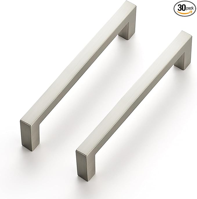 Ravinte 30 Pack Solid 4 Inch Center to Center Slim Square Bar Drawer Handles - Cabinet Hardware Brushed Nickel Pulls for Kitchen and Drawers