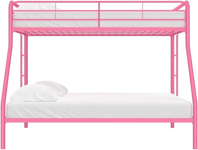 DHP Dusty Metal Bunk Bed Frame, Twin-Over-Full for Kids, Teens, Adults, Angled Ladder, Guardrail, No Boxspring, Small Spaces, Pink