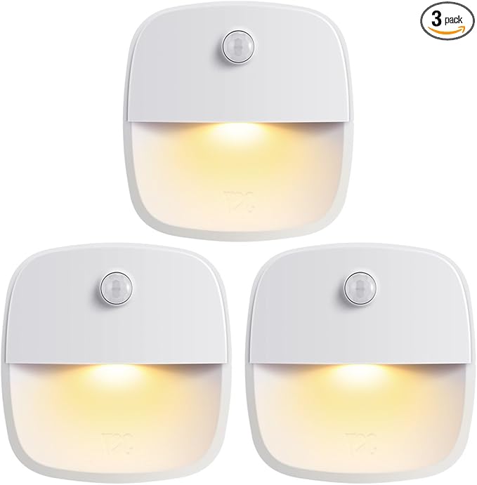 AMIR Upgraded Motion Sensor Light Indoor, Stair Lights Battery Operated, Cordless Stick-On LED Night Light for Closet, Hallway, Bathroom, Kitchen, Cabinet, Energy Efficient (Warm White - Pack of 3)