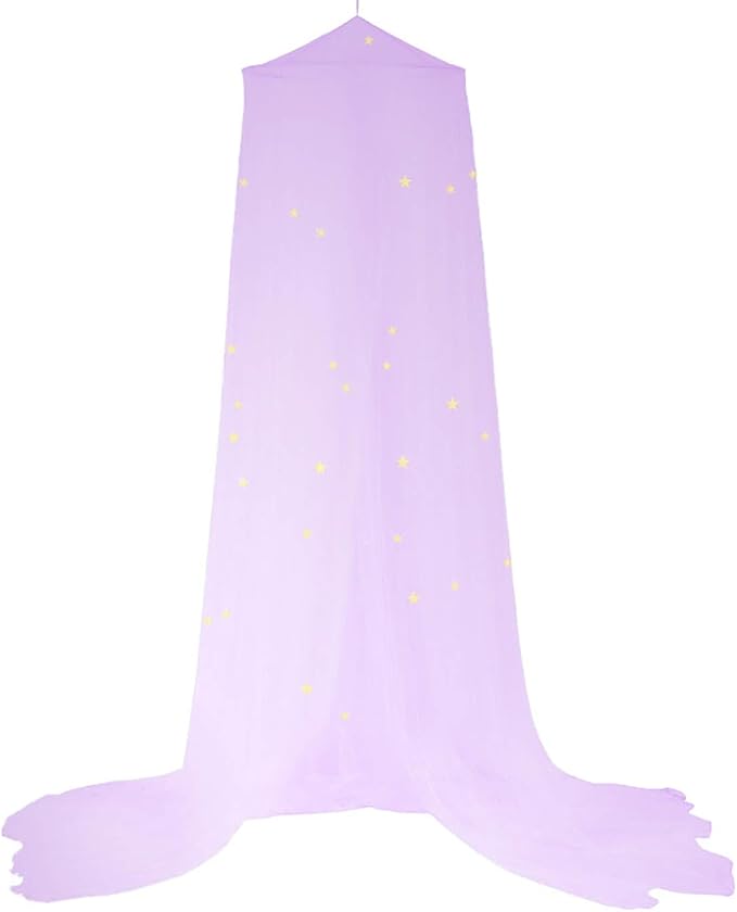 BCBYou Mosquito Net with Fluorescent Stars Glow in Dark for Baby, Kids, and Adults, for Covering Crib, Kid, Girls or Full Size Bed (Purple)