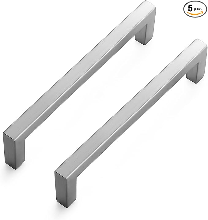 Ravinte 5 Pack Solid 5 Inch Center to Center Slim Square Bar Drawer Pulls - Kitchen Cabinet Handles in Brushed Nickel - Hardware for Drawers and Cabinets