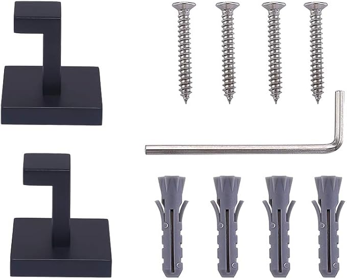 TASTOS Bath Towel Hooks Matte Black, 4 Pack Stainless Steel Robe Coat and Clothes Hook, Heavy Duty Wall Hook for Bathroom & Kitchen, Modern Square Style Wall Mounted