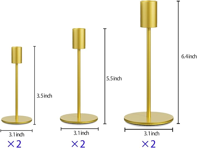 Taper Candle Holder Set of 6, Brass Gold Tall Candlestick Holders, Metal Vintage Candle Stickers Long Holder Set, Pillar Decorative Candle Holder Fits 3/4 Inch Candle for Wedding (Gold-6 Packs)