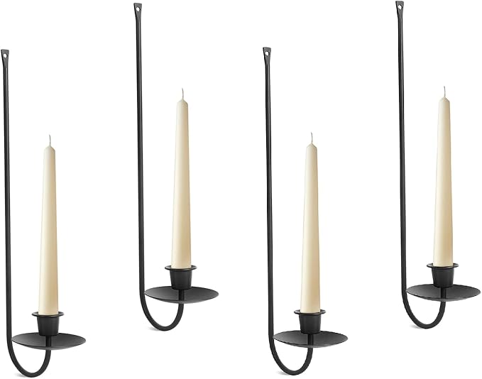 Black Wall Candle Holder Set of 4, Stylish Metal Wall Mount Candle Sconces, Modern Christmas Wall Decor for Living Room, Dining Room, Fireplace, and Farmhouse