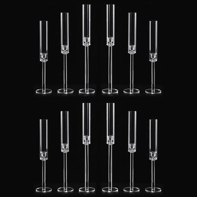 Vincidern 12pcs Taper Candle Holder Acrylic Candlestick Holder Clear Set for Table Centerpiece, Long Candle Stick Candle Stand Cylinder Shade for Halloween, Christmas Wedding Party Dining Room Decor