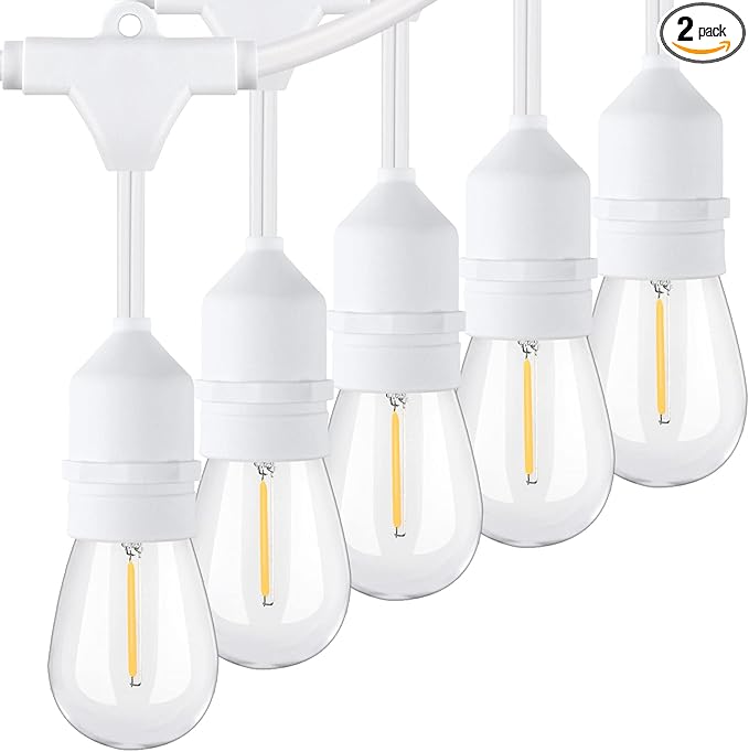 96FT(48×2) Outdoor String Lights, Commercial Grade Heavy Duty White Wire Patio Light with Dimmable S14 Shatterproof LED Bulbs, Linkable Waterproof Bistro Lights for Outside Deck Backyard Cafe Market