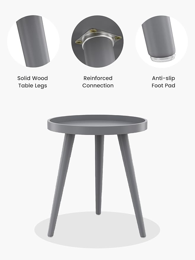 Apicizon Round Grey Side Table, Tray Nightstand Coffee End Table for Living Room, Bedroom, Small Spaces, Easy Assembly Bedside Table, 15 x 18 Inches