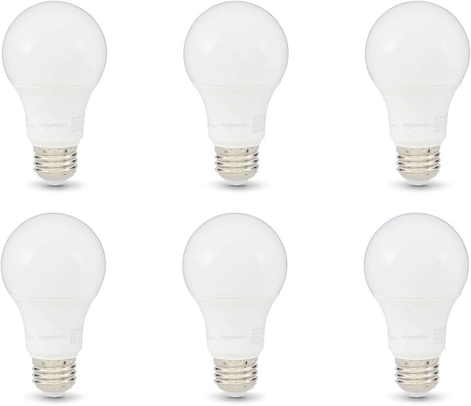 Amazon Basics A19 LED Light Bulbs, 75 Watt Equivalent, Energy Efficient 12W, E26 Standard Base, Soft White 2700K, Dimmable, 10,000 Hour Lifetime , 6-Pack