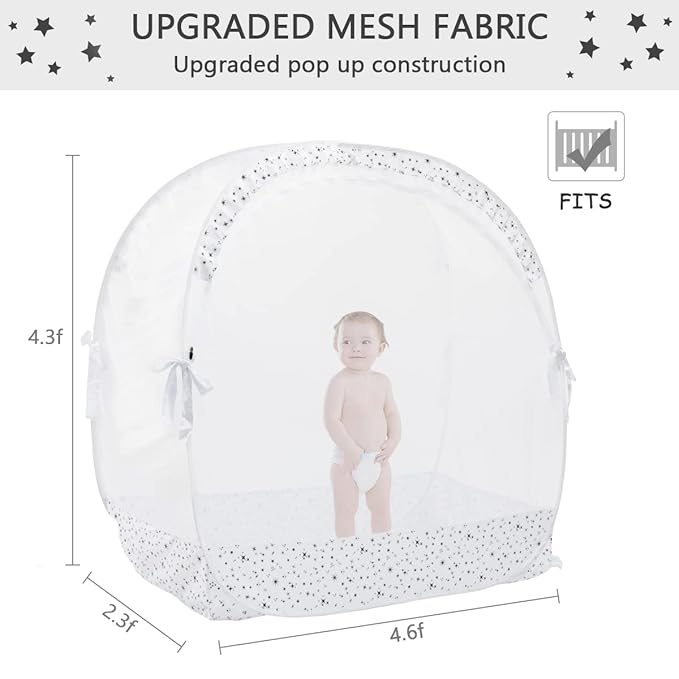 Baby Pop Up Crib Tent, Crib Net to Keep Baby from Climbing Out, Crib Canopy Cover Against Falling and Bites, Strong Frame & Soft Breathable Mesh, White+stars