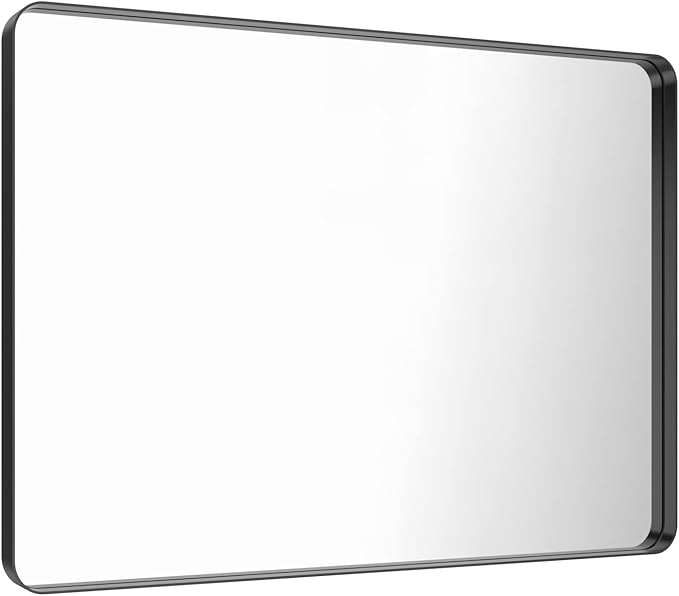 LOAAO 48X32 Inch Black Metal Framed Bathroom Mirror for Wall, Matte Black Bathroom Vanity Mirror Farmhouse, Large Rounded Rectangle Mirror, Anti-Rust, Tempered Glass, Hangs Horizontally or Vertically