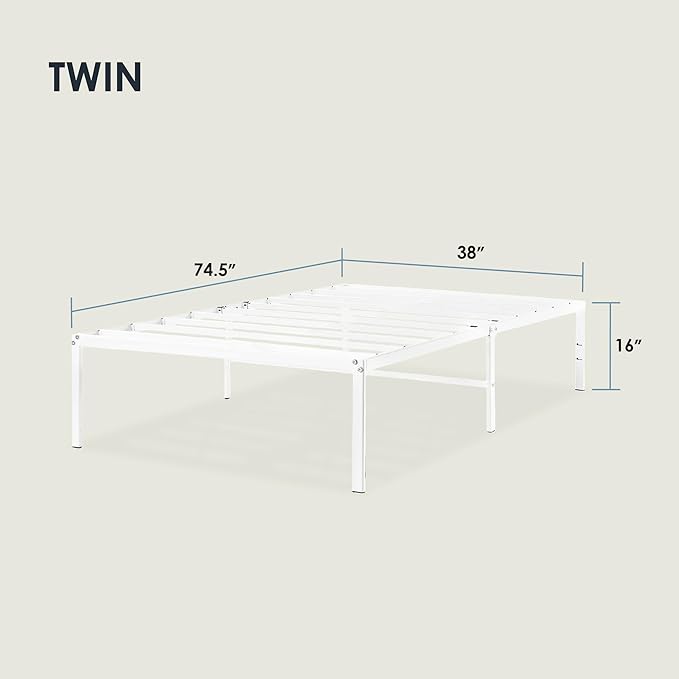 Best Price Mattress 16 Inch Metal Platform Bed Frame, Heavy Duty Steel Slats, White, Twin