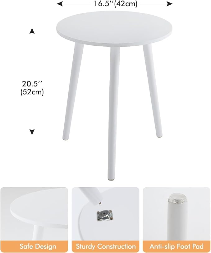 Apicizon Small Round Side Tables End Table Bedroom, White Nightstand Bedside Table for Living Room, Coffee Table with White Wood Legs, 16.5 x 20.5 Inches