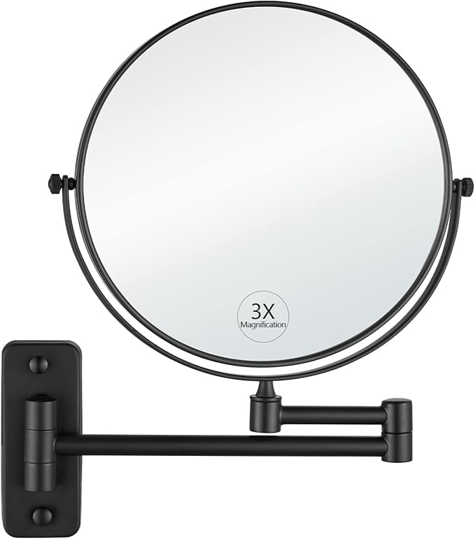 gotonovo Wall Mounted Magnifying Mirror Pivoting Arm Double Sided Swivel Makeup Vanity Black Telescoping Handheld Mirror 8 Inch Magnification Square Base