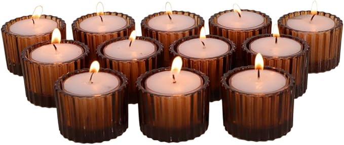 VOHO Tealight Candle Holder Set of 24, Glass Tealight Candle Holder Decorative for Wedding Centerpiece, Small Votive Candle Holders for Birthday Party(2 x 1.4 Inch, Brown)