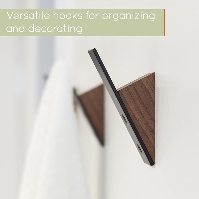 Homeforia Walnut Wood Coat Hooks, High End Walnut Wood & Black Metal Wall Mounted Coat Hooks, Mid-Century Modern Clothes Hooks, Heavy Duty Wooden Hooks for Hanging Coats, Hats, Towels & More, Set of 6