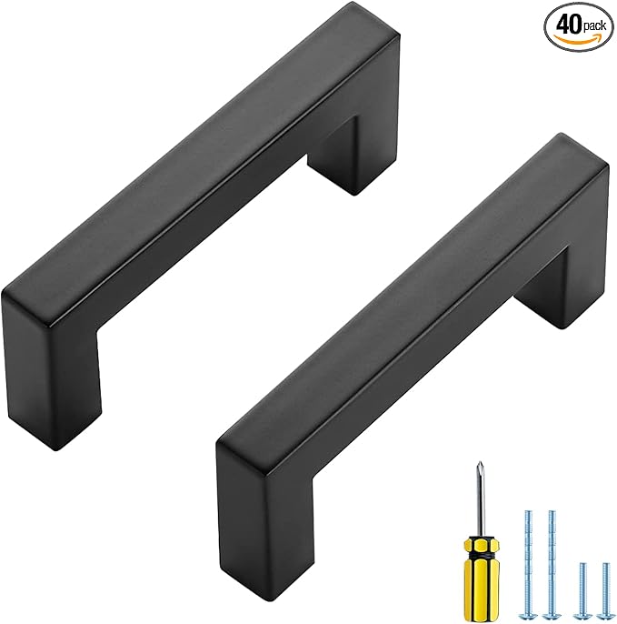Ravinte 40 Pack Black Cabinet Pulls 3 Inch Square Kitchen Cabinet Handles Matte Black Kitchen Hardware for Drawer Pulls Drawer Handles Come with Screwdriver