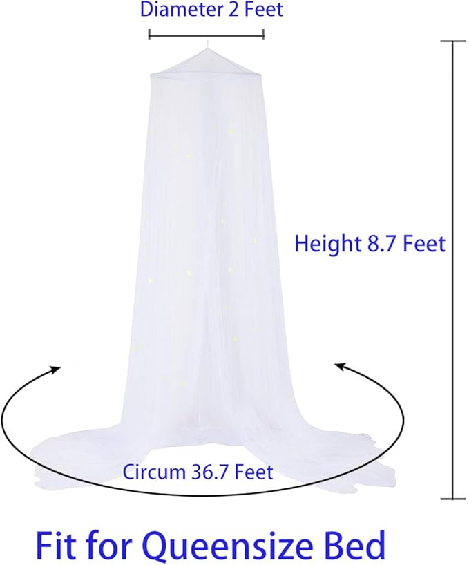 BCBYou Mosquito Net Canopy with Glow in Dark Stars for Baby, Kids, and Adults - Cover The Crib, Kids Bed, Full Size Bed (White)