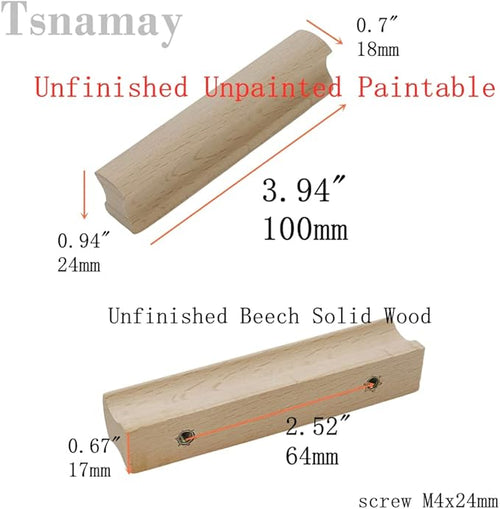 2Pcs Unfinished Beech Wood Solid Furniture Pulls Handles,Unfinished Unpainted Paintable Wooden Handles Cupboard Closet Drawer Handle Pull,Length 3.94",Hole Dis.2.52"