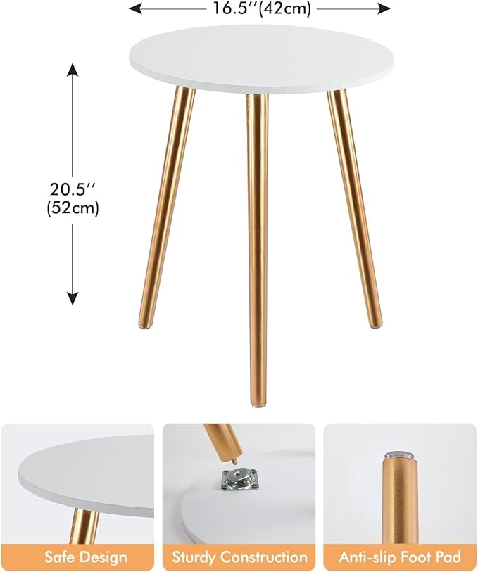 Apicizon Round Side Table, Gold Nightstand End Table for Living Room, Bedroom Home Decor Bedside Table with Gold Wood Legs 16.5 Inches