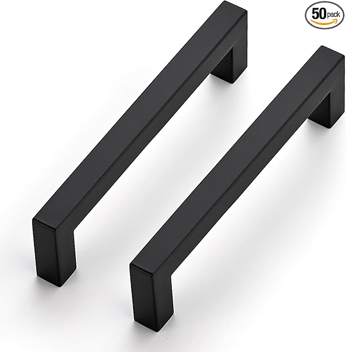 JOY DECOR 50 Pack Cabinet Handles, Black Cabinet Pulls, 5 Inch Kitchen Closet Handles Square Drawer Pulls Stainless Steel Drawer Hardware, 128mm Hole Centers