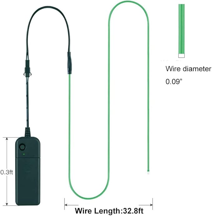 MaxLax EL Wire Green, 32.8ft/10m Portable Battery Pack Neon Light Strip 360° Cuttable Glowing Rope Lights for Parties, Halloween, DIY Decoration