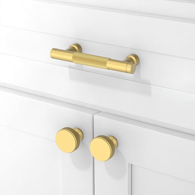 10 Pack Brushed Gold Knurled Cabinet Pulls 3 Inch(76mm) Kitchen Cabinet Handles Solid Zinc Alloy Cabinet Hardware Drawer Pulls