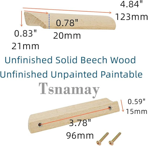 2Pcs Unfinished Wood Solid Furniture Pulls Handles,Unfinished Unpainted Paintable Wooden Handles Cupboard Closet Drawer Handle Pull,Length 4.84",Hole Dis.3.78"